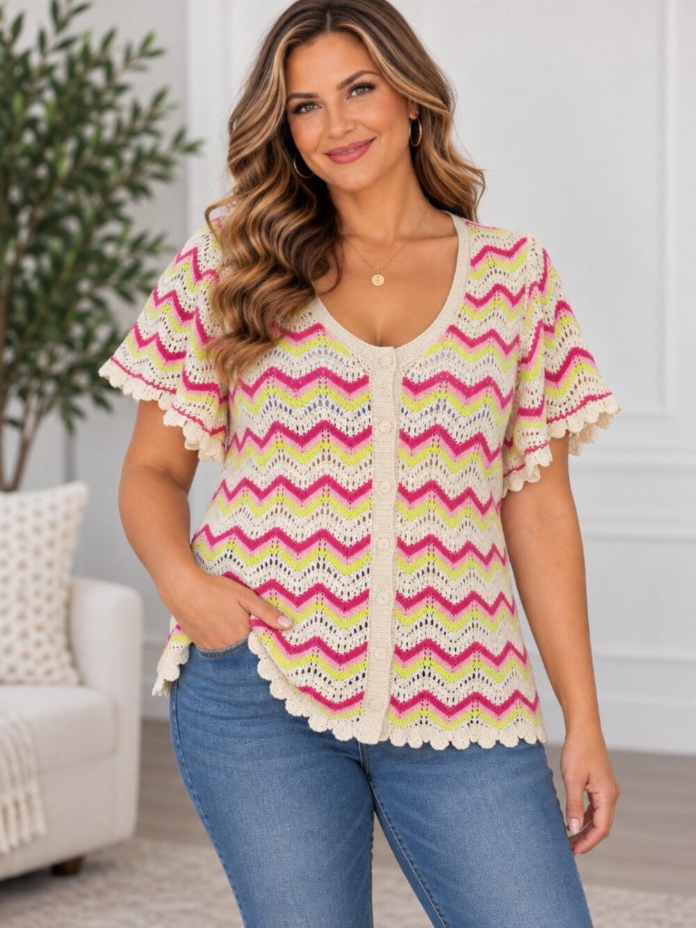 Torrid Pink Neon Chevron Crochet Knit Button Front Sweater Top
